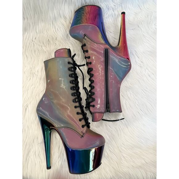 PLEASER Adore Chromatic Reflective Rainbow Platform Stiletto Heels Lace-Up Boots - Picture 10 of 15